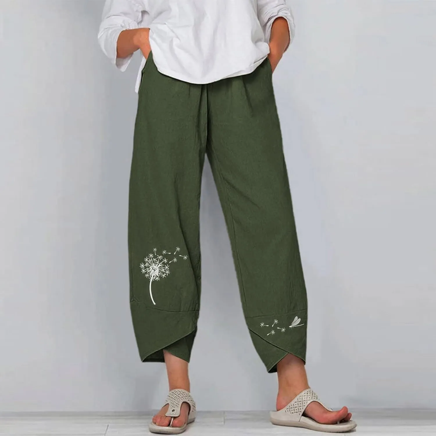 Womens Summer Wide Leg Linen Cropped Pant Dandelions Graphic Tulip Hem Trousers Lightweight Loose Fit Outfits with Pockets