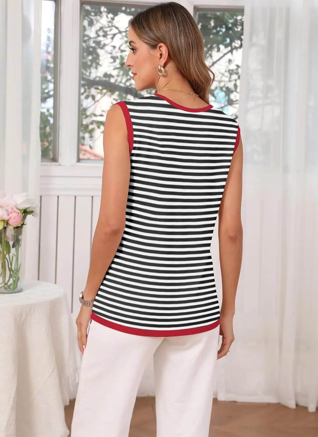 Womens Sweater Tank Top Vest V Neck Sleeveless Buttons Striped Knit Summer Tops Casual 2025 Shirts Blouses