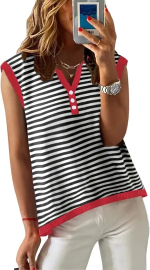 Womens Sweater Tank Top Vest V Neck Sleeveless Buttons Striped Knit Summer Tops Casual 2025 Shirts Blouses