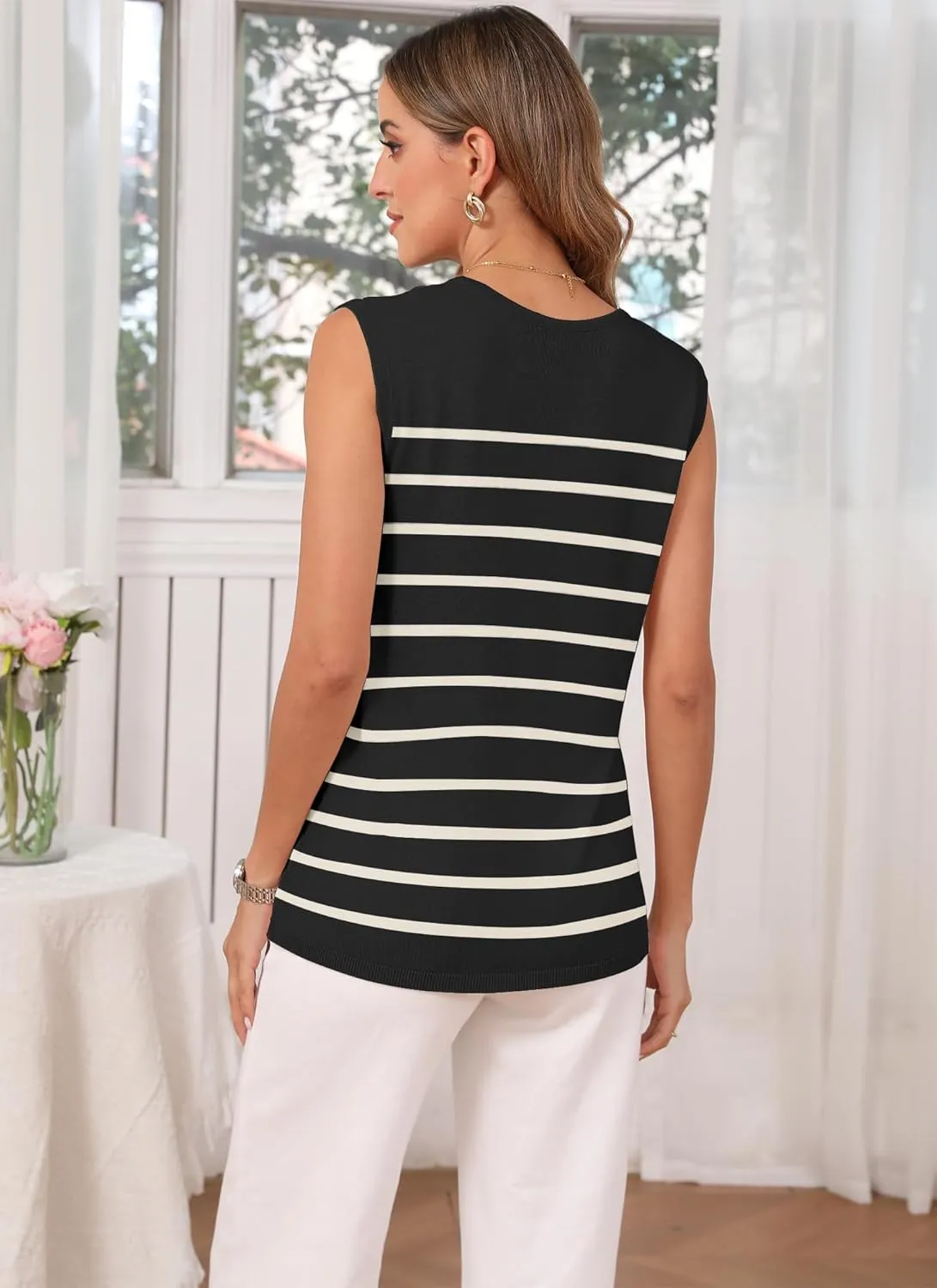 Womens Sweater Tank Top Vest V Neck Sleeveless Buttons Striped Knit Summer Tops Casual 2025 Shirts Blouses