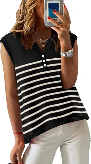 Womens Sweater Tank Top Vest V Neck Sleeveless Buttons Striped Knit Summer Tops Casual 2025 Shirts Blouses