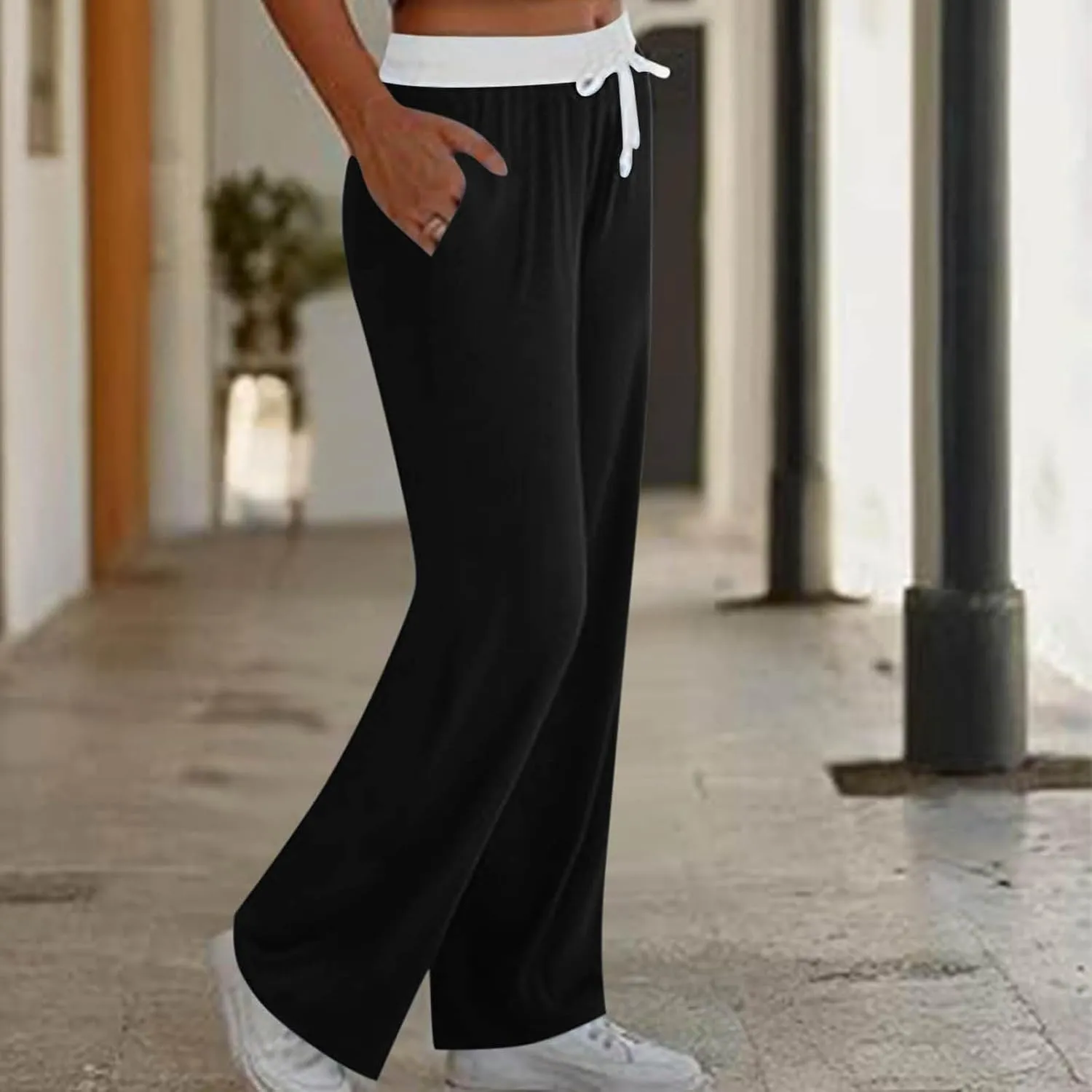Women's Sweatpants Fashion Drawstring High Waist Lounge Pants with Pockets Summer Wide Leg Athletic Workout Trousers