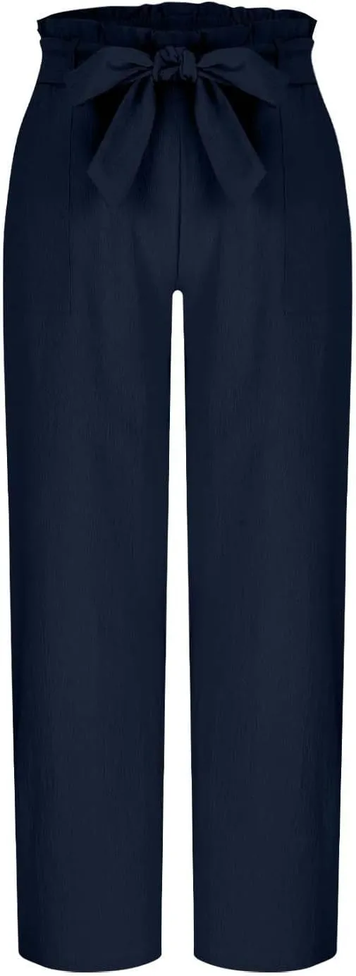 Women's Trendy Wide Leg Pants Baggy Adjustable Tie Knot Business Palazzo Pants Elastic High Waist Soft Flowy Trousers