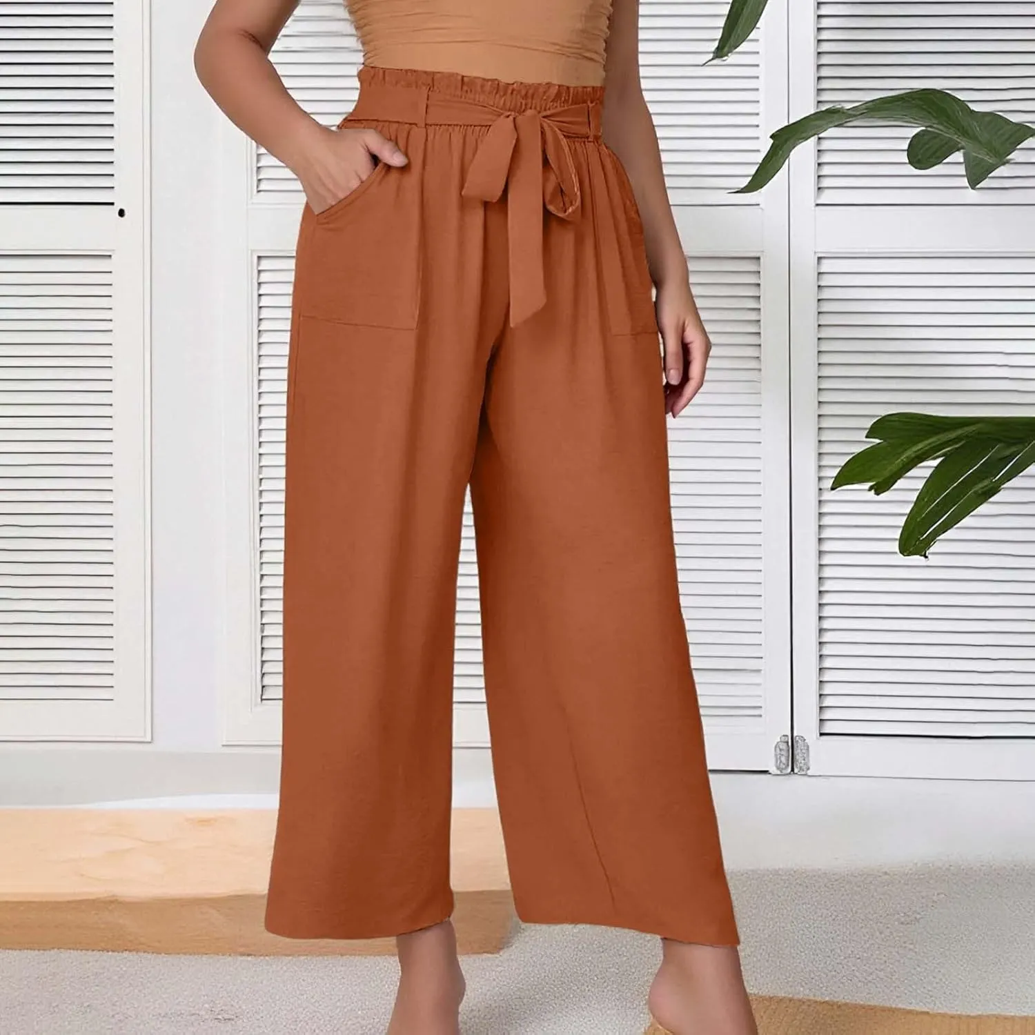 Women's Trendy Wide Leg Pants Baggy Adjustable Tie Knot Business Palazzo Pants Elastic High Waist Soft Flowy Trousers