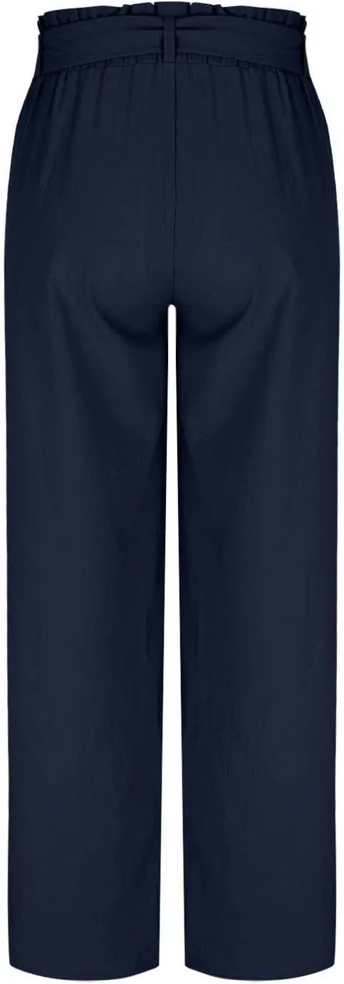 Women's Trendy Wide Leg Pants Baggy Adjustable Tie Knot Business Palazzo Pants Elastic High Waist Soft Flowy Trousers