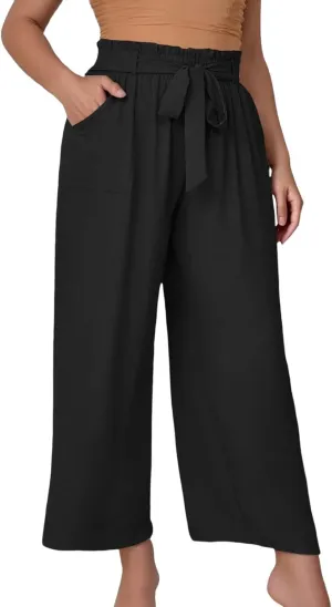Women's Trendy Wide Leg Pants Baggy Adjustable Tie Knot Business Palazzo Pants Elastic High Waist Soft Flowy Trousers