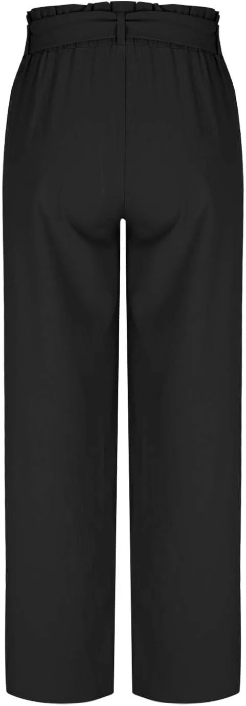 Women's Trendy Wide Leg Pants Baggy Adjustable Tie Knot Business Palazzo Pants Elastic High Waist Soft Flowy Trousers