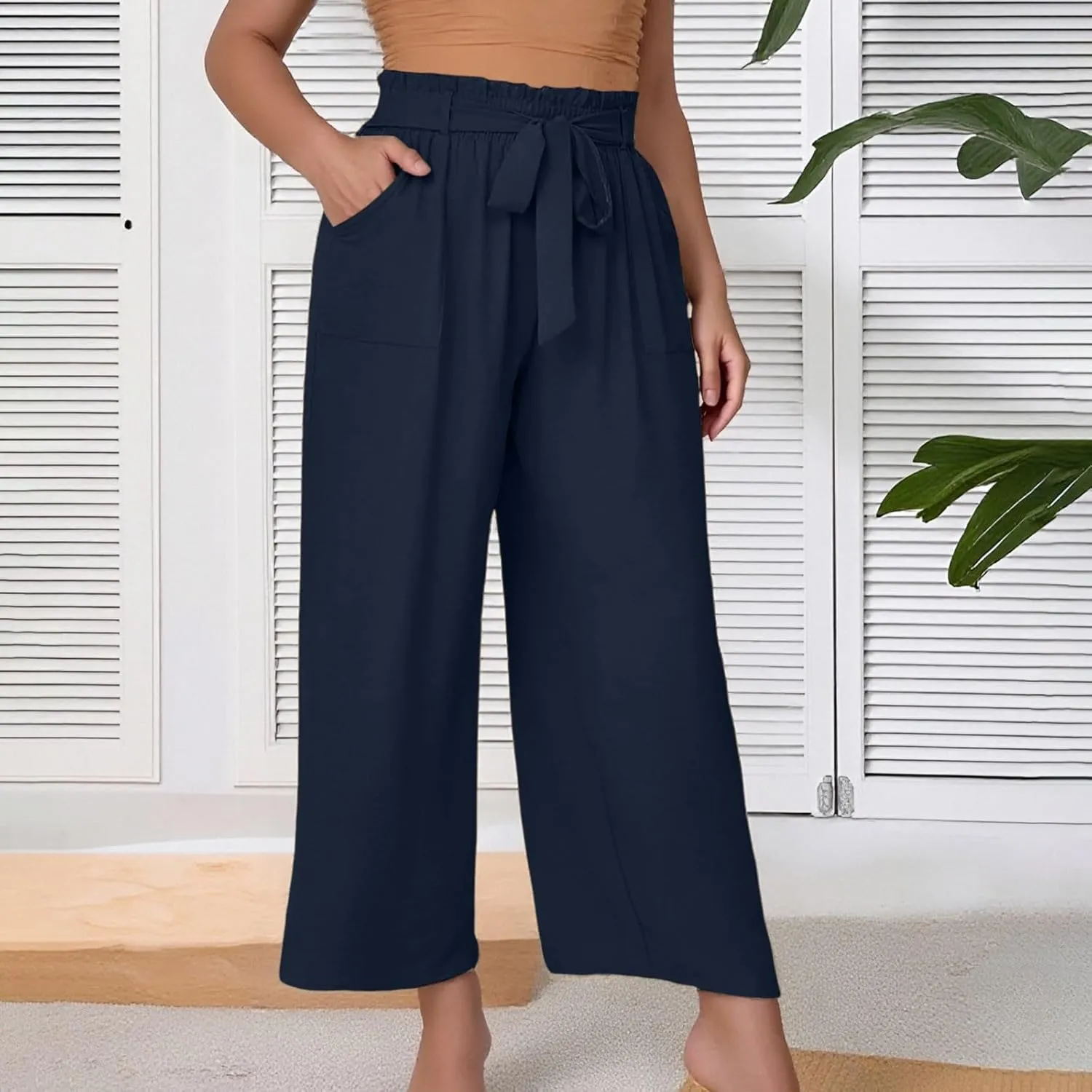 Women's Trendy Wide Leg Pants Baggy Adjustable Tie Knot Business Palazzo Pants Elastic High Waist Soft Flowy Trousers