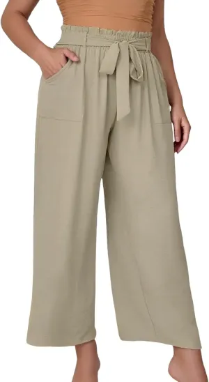 Women's Trendy Wide Leg Pants Baggy Adjustable Tie Knot Business Palazzo Pants Elastic High Waist Soft Flowy Trousers