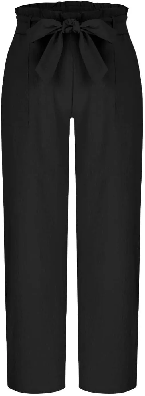 Women's Trendy Wide Leg Pants Baggy Adjustable Tie Knot Business Palazzo Pants Elastic High Waist Soft Flowy Trousers