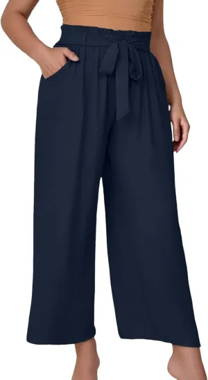 Women's Trendy Wide Leg Pants Baggy Adjustable Tie Knot Business Palazzo Pants Elastic High Waist Soft Flowy Trousers