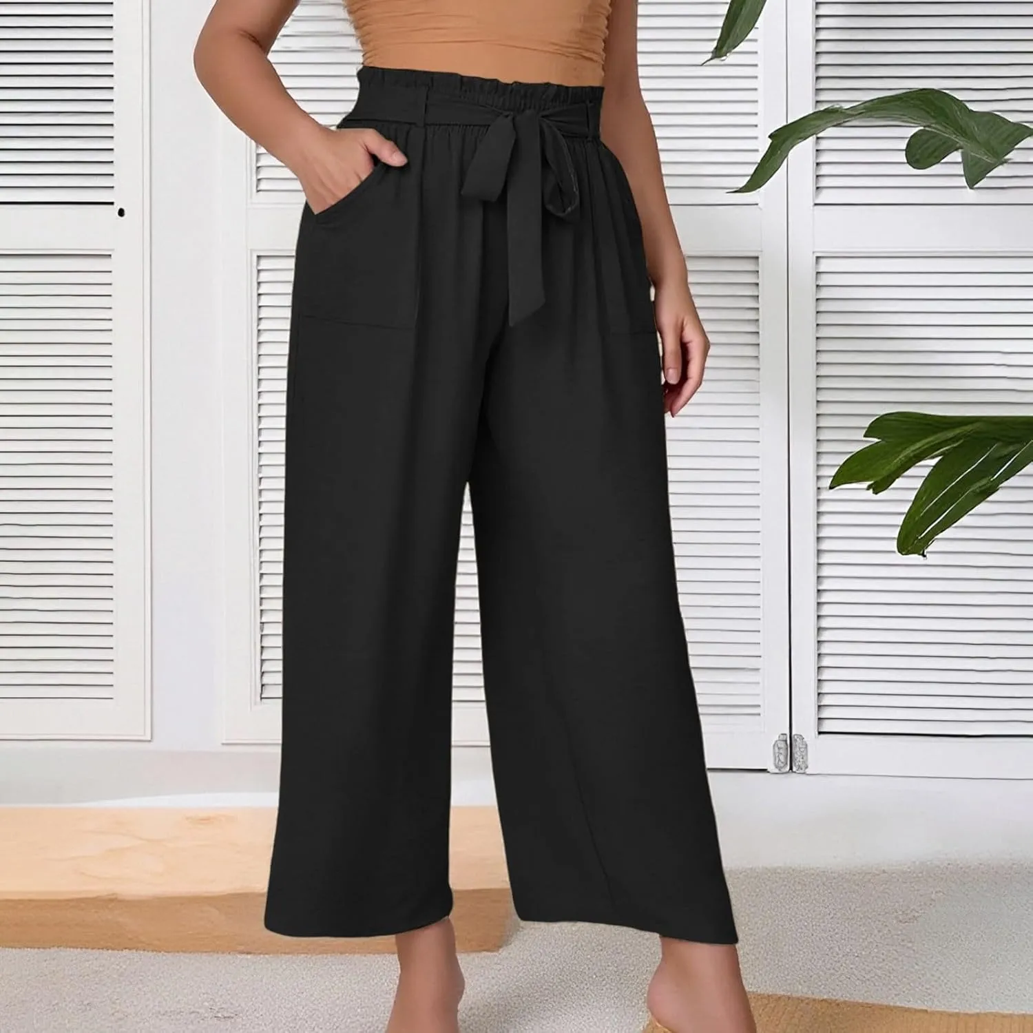 Women's Trendy Wide Leg Pants Baggy Adjustable Tie Knot Business Palazzo Pants Elastic High Waist Soft Flowy Trousers