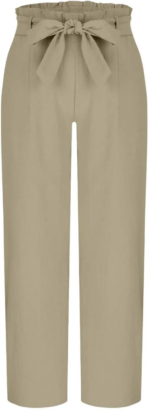 Women's Trendy Wide Leg Pants Baggy Adjustable Tie Knot Business Palazzo Pants Elastic High Waist Soft Flowy Trousers