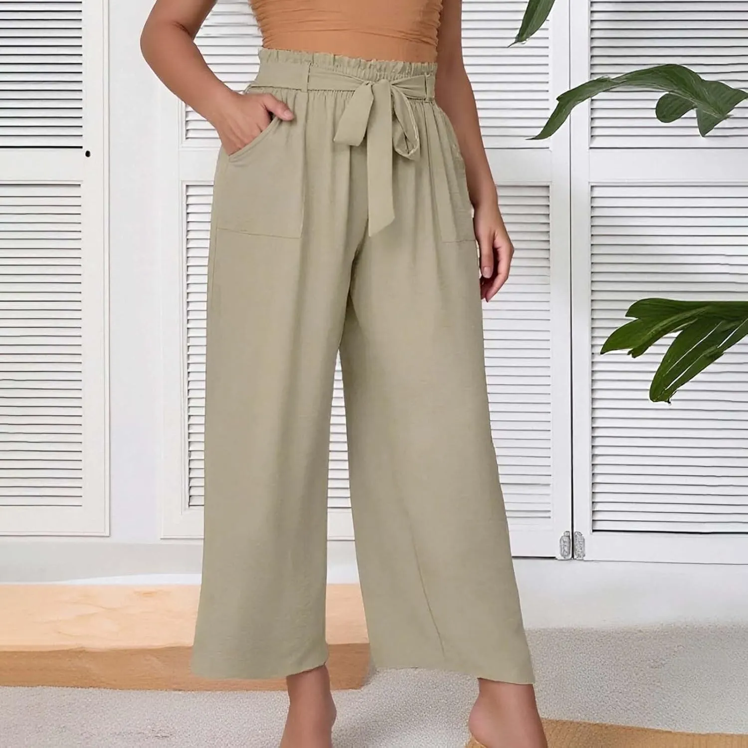 Women's Trendy Wide Leg Pants Baggy Adjustable Tie Knot Business Palazzo Pants Elastic High Waist Soft Flowy Trousers