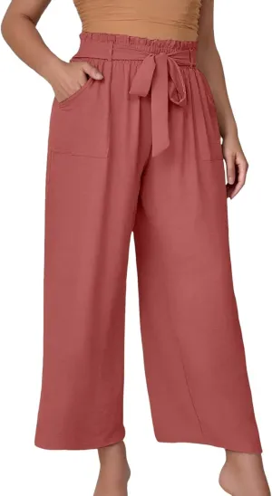 Women's Trendy Wide Leg Pants Baggy Adjustable Tie Knot Business Palazzo Pants Elastic High Waist Soft Flowy Trousers