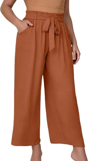 Women's Trendy Wide Leg Pants Baggy Adjustable Tie Knot Business Palazzo Pants Elastic High Waist Soft Flowy Trousers