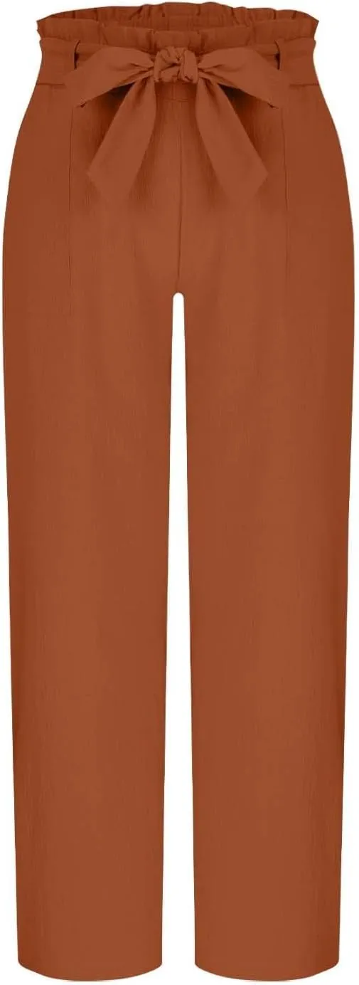 Women's Trendy Wide Leg Pants Baggy Adjustable Tie Knot Business Palazzo Pants Elastic High Waist Soft Flowy Trousers