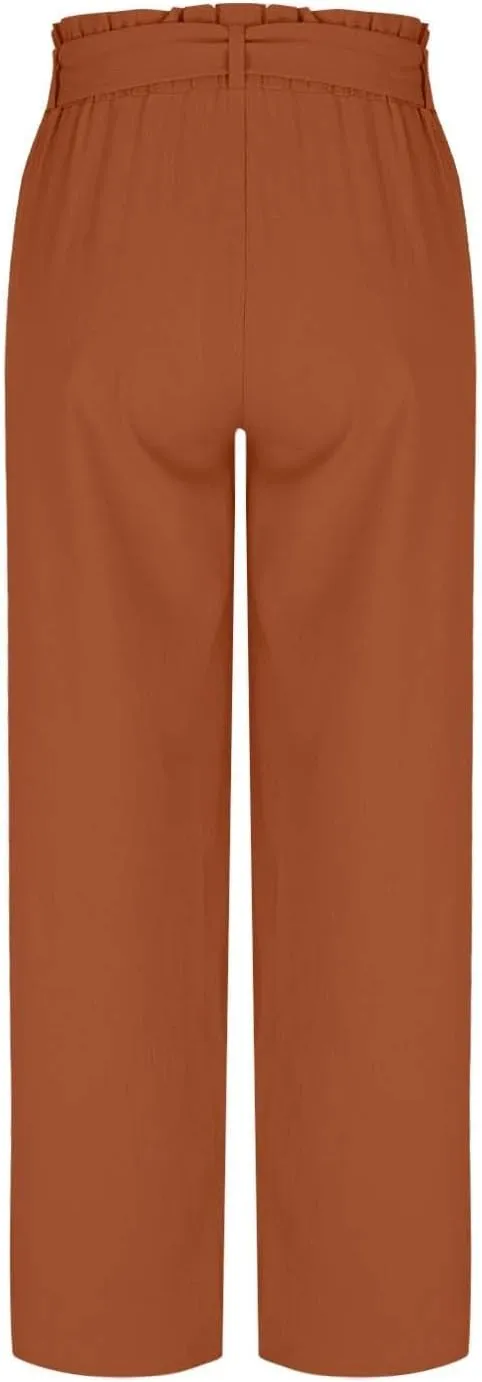 Women's Trendy Wide Leg Pants Baggy Adjustable Tie Knot Business Palazzo Pants Elastic High Waist Soft Flowy Trousers