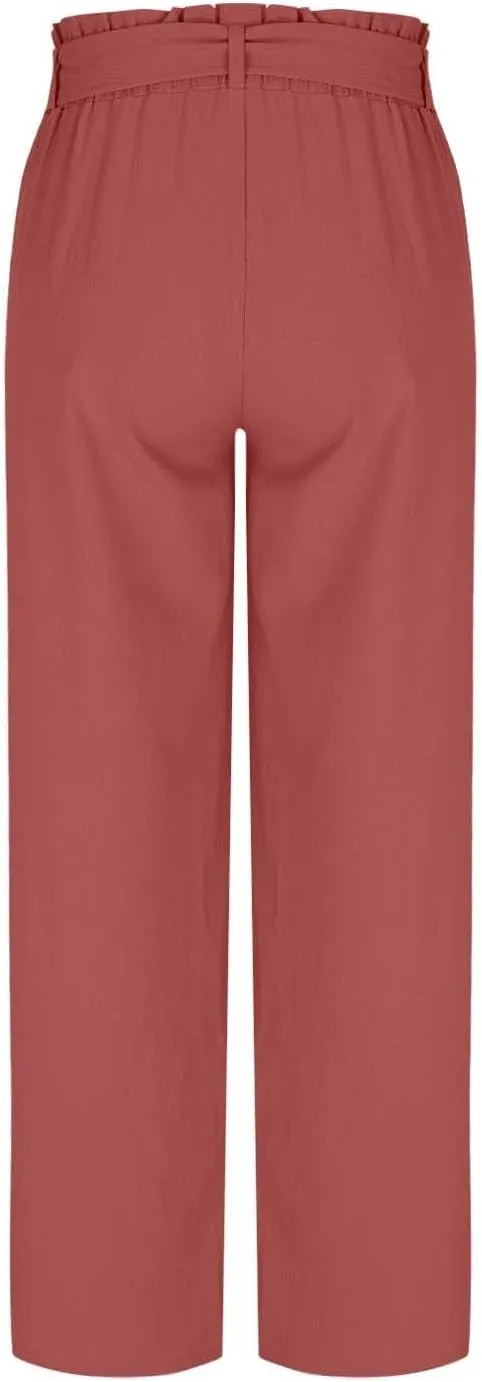 Women's Trendy Wide Leg Pants Baggy Adjustable Tie Knot Business Palazzo Pants Elastic High Waist Soft Flowy Trousers