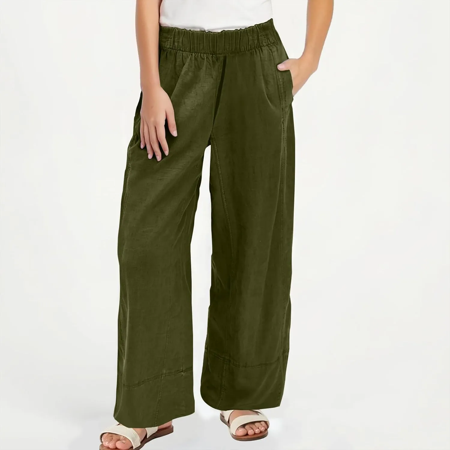 Womens Vintage Baggy Wide Leg Cotton Linen Pants Casual Summer Palazzo Trousers Lounge High Waist Pants with Pockets