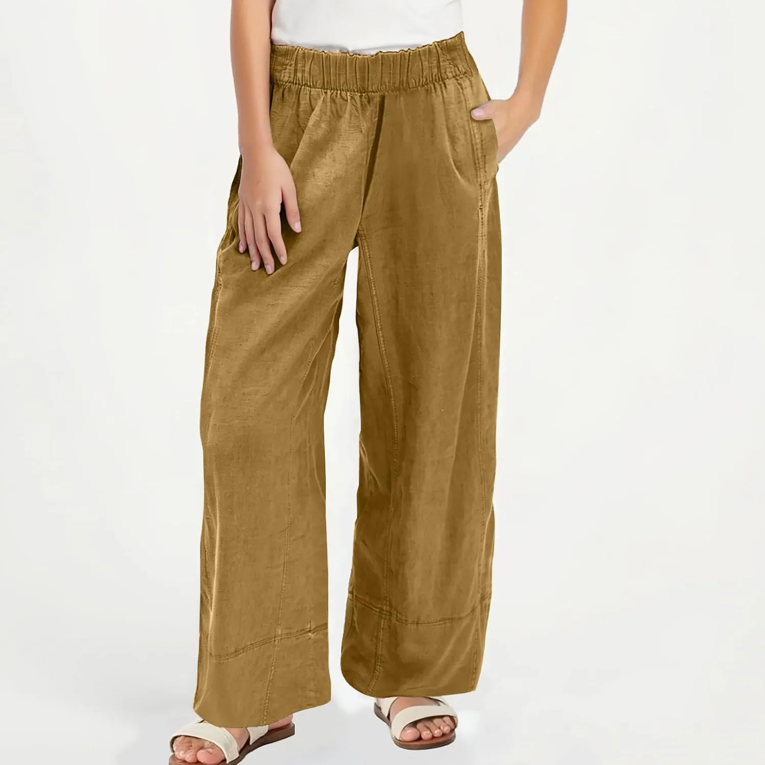 Womens Vintage Baggy Wide Leg Cotton Linen Pants Casual Summer Palazzo Trousers Lounge High Waist Pants with Pockets