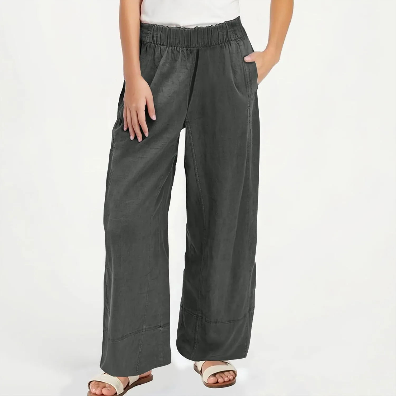 Womens Vintage Baggy Wide Leg Cotton Linen Pants Casual Summer Palazzo Trousers Lounge High Waist Pants with Pockets