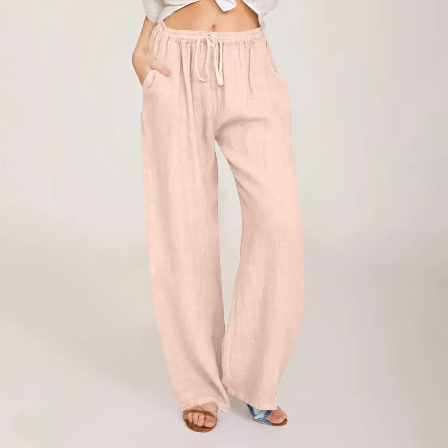Womens Wide Leg Lounge Pants High Waisted Drawstring Casual Loose Palazzo Trousers Elastic Waist Pant with Pockets