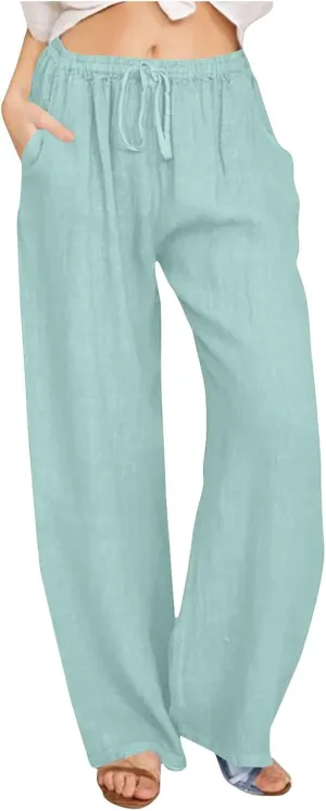 Womens Wide Leg Lounge Pants High Waisted Drawstring Casual Loose Palazzo Trousers Elastic Waist Pant with Pockets