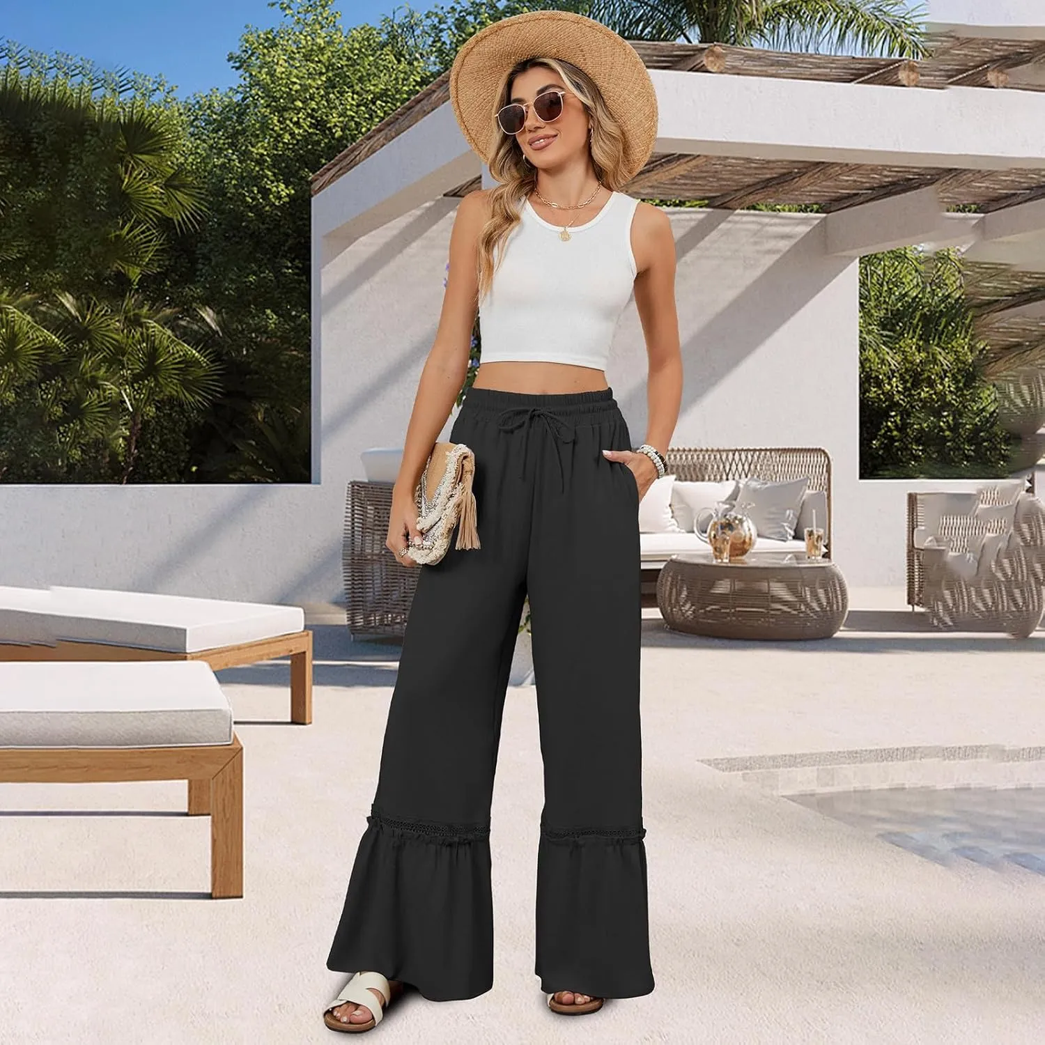 Women's Wide Leg Pants Drawstring Elastic Waist Lace Patchwork Ruffle Hem Flowy Palazzo Flared Trousers with Pockets