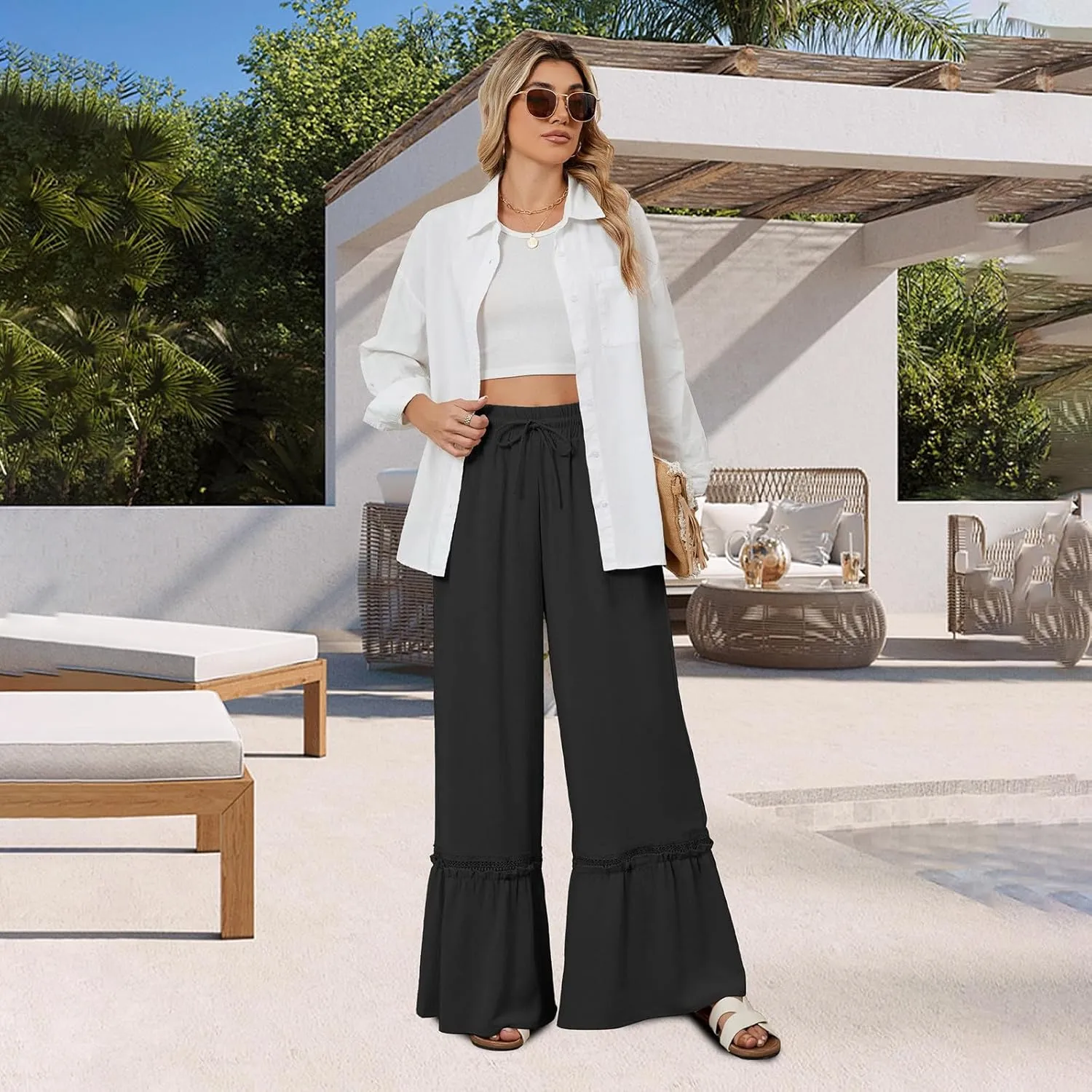 Women's Wide Leg Pants Drawstring Elastic Waist Lace Patchwork Ruffle Hem Flowy Palazzo Flared Trousers with Pockets