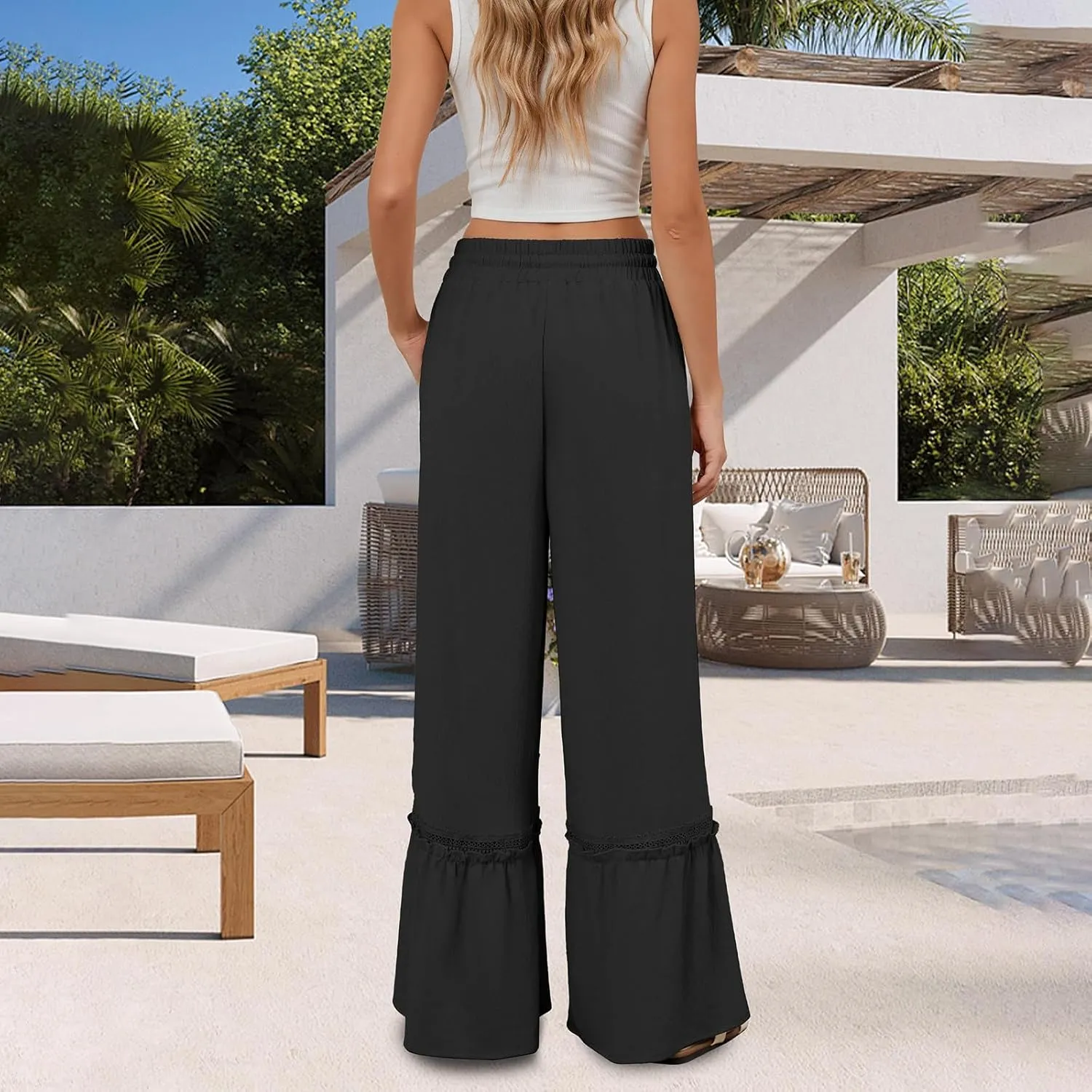 Women's Wide Leg Pants Drawstring Elastic Waist Lace Patchwork Ruffle Hem Flowy Palazzo Flared Trousers with Pockets