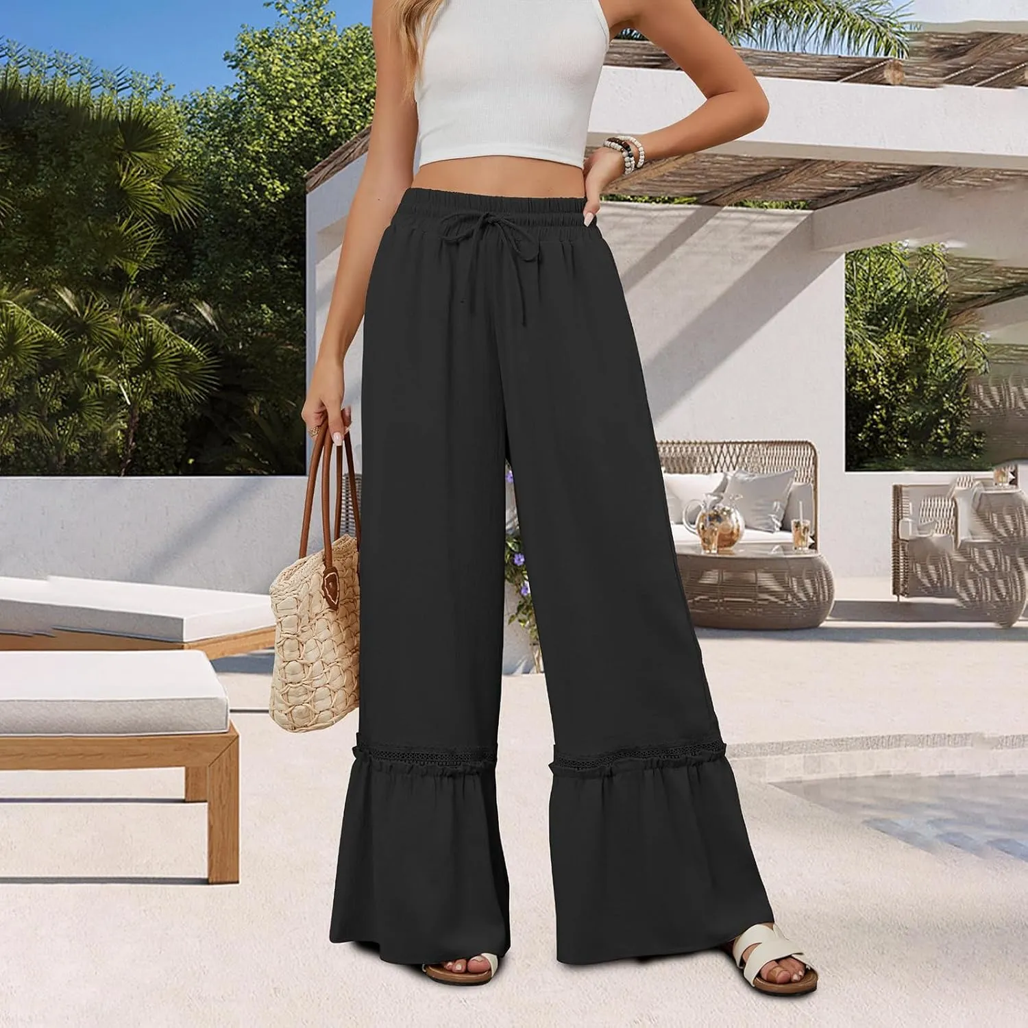 Women's Wide Leg Pants Drawstring Elastic Waist Lace Patchwork Ruffle Hem Flowy Palazzo Flared Trousers with Pockets