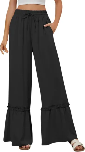 Women's Wide Leg Pants Drawstring Elastic Waist Lace Patchwork Ruffle Hem Flowy Palazzo Flared Trousers with Pockets