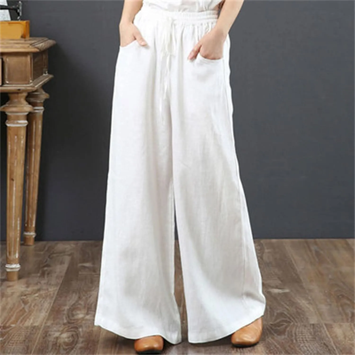 Womens Wide Leg Pants Dressy Comfy Loose Flowy Cotton Linen Pants Summer Casual Beach High Waisted Palazzo Trousers
