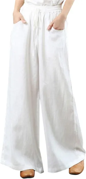 Womens Wide Leg Pants Dressy Comfy Loose Flowy Cotton Linen Pants Summer Casual Beach High Waisted Palazzo Trousers
