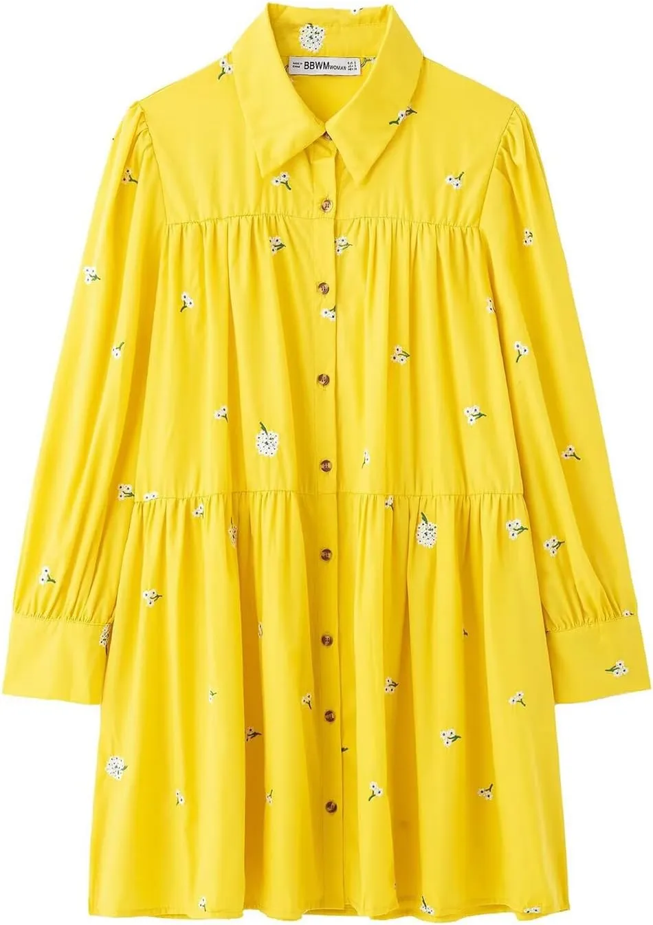Women's Yellow Floral Shirt Dress Long Sleeve Button Down Tiered Ruffle Mini Dress