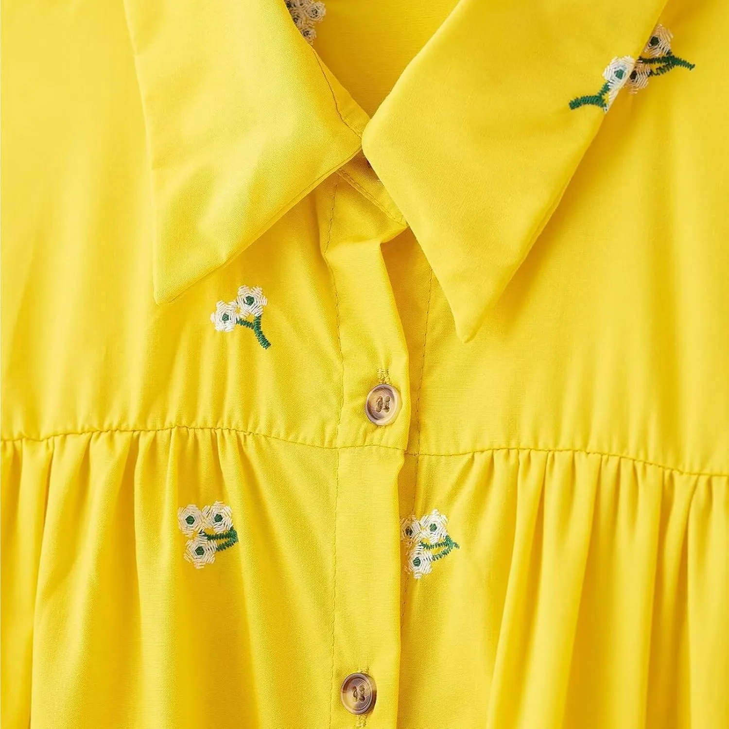 Women's Yellow Floral Shirt Dress Long Sleeve Button Down Tiered Ruffle Mini Dress