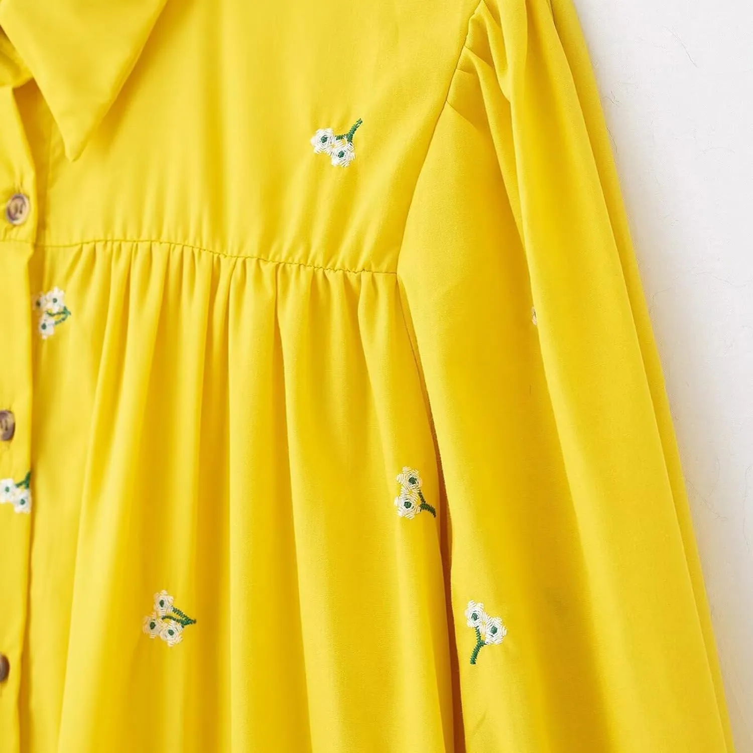 Women's Yellow Floral Shirt Dress Long Sleeve Button Down Tiered Ruffle Mini Dress