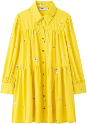 Women's Yellow Floral Shirt Dress Long Sleeve Button Down Tiered Ruffle Mini Dress