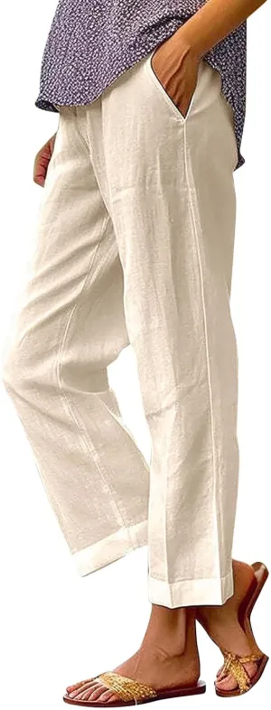 Women'sLounge Pants Women Solid Straight Solid Elastic Pants Long Drawstring Linen Women Lightweight Tapered Lounge