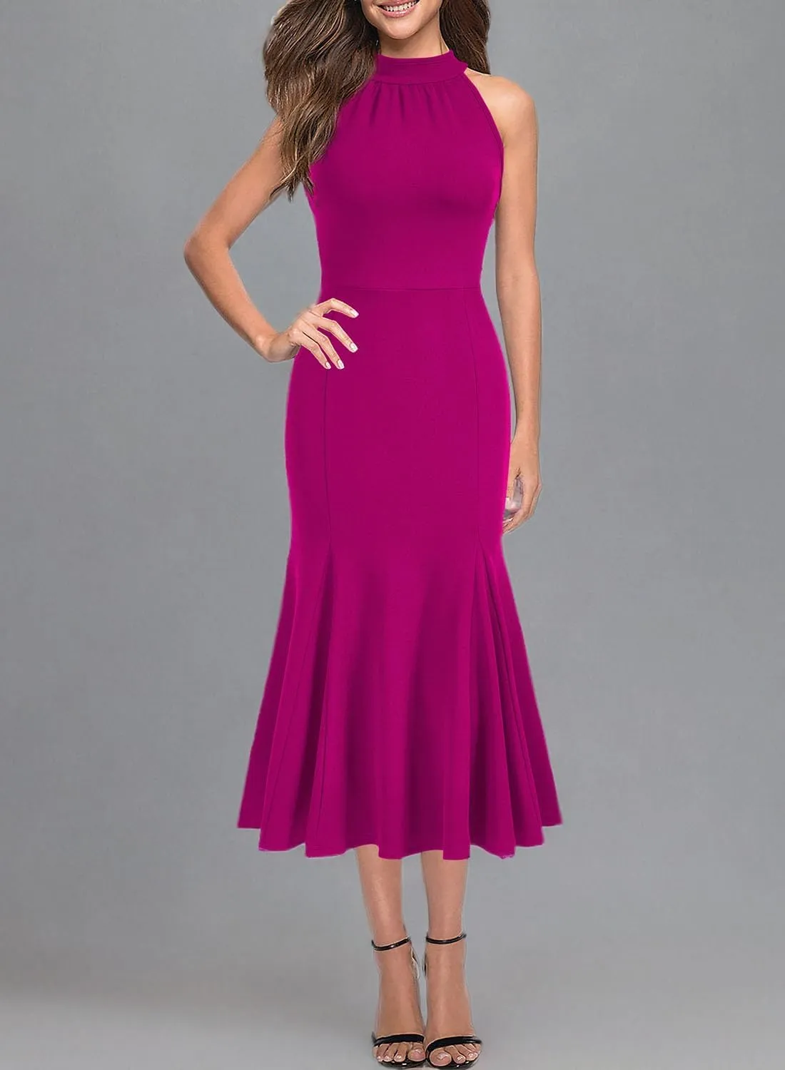 WOOSEA Womens Sleeveless Halter Neck Bodycon Mermaid Cocktail Party Midi Dresses