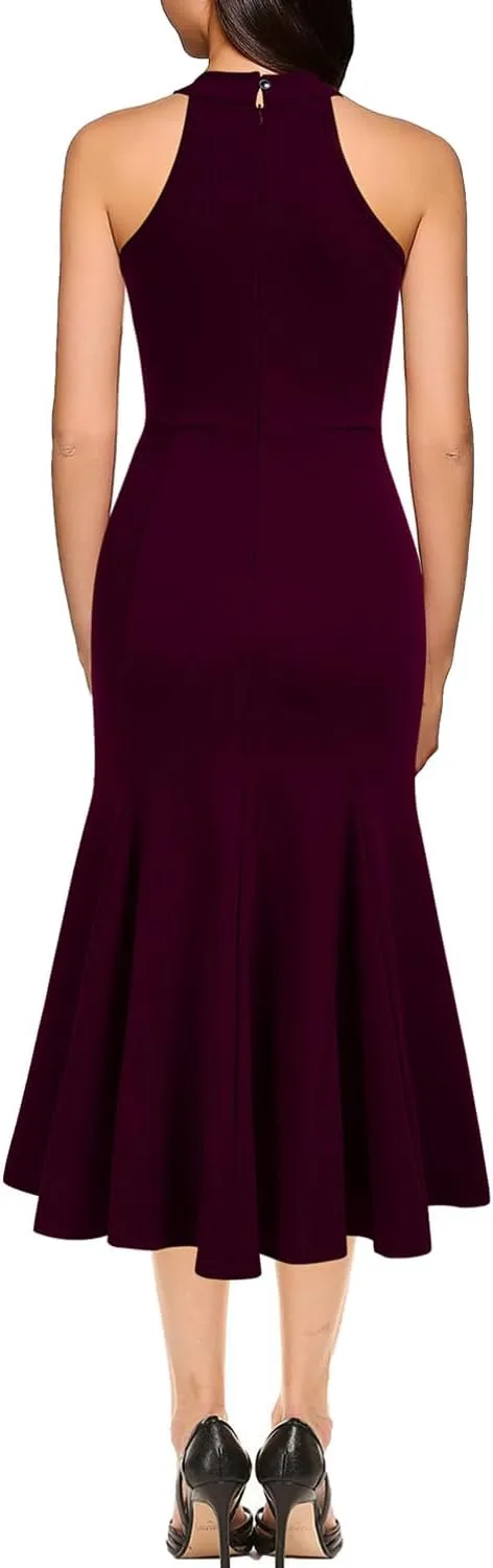 WOOSEA Womens Sleeveless Halter Neck Bodycon Mermaid Cocktail Party Midi Dresses