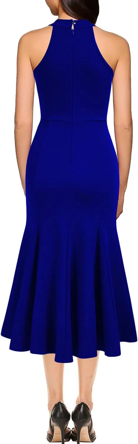 WOOSEA Womens Sleeveless Halter Neck Bodycon Mermaid Cocktail Party Midi Dresses