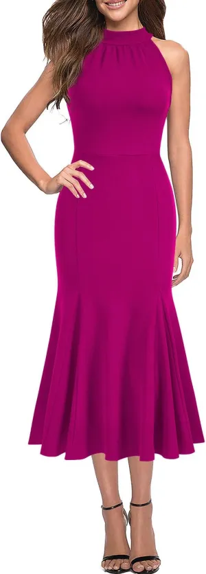 WOOSEA Womens Sleeveless Halter Neck Bodycon Mermaid Cocktail Party Midi Dresses