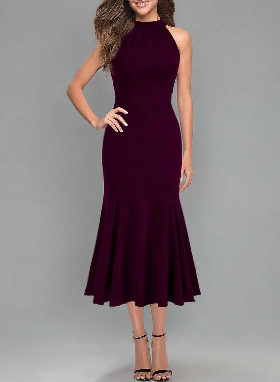 WOOSEA Womens Sleeveless Halter Neck Bodycon Mermaid Cocktail Party Midi Dresses