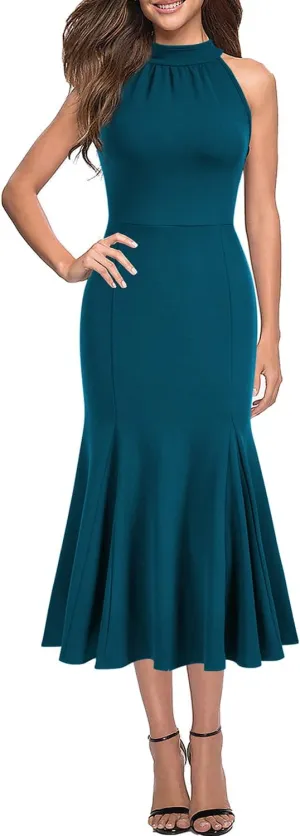 WOOSEA Womens Sleeveless Halter Neck Bodycon Mermaid Cocktail Party Midi Dresses