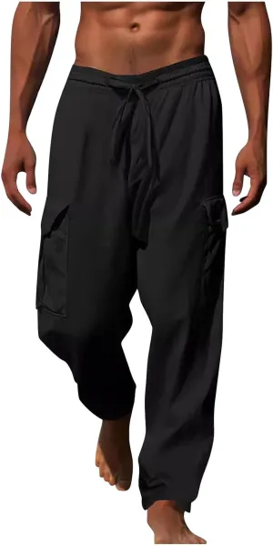 Work Pants for Men Elastic Wasist Drawstring Lightweight Summer Beach Pants Baggy Soft Wide Leg Pants with Pockets