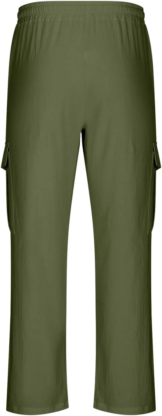 Work Pants for Men Elastic Wasist Drawstring Lightweight Summer Beach Pants Baggy Soft Wide Leg Pants with Pockets