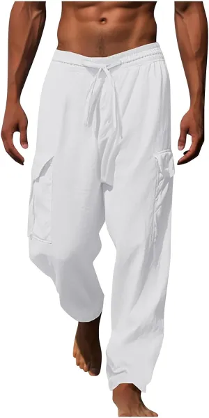 Work Pants for Men Elastic Wasist Drawstring Lightweight Summer Beach Pants Baggy Soft Wide Leg Pants with Pockets