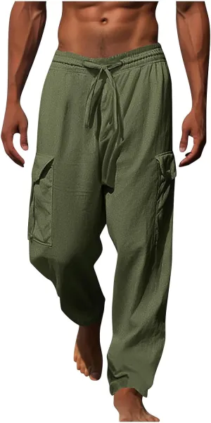 Work Pants for Men Elastic Wasist Drawstring Lightweight Summer Beach Pants Baggy Soft Wide Leg Pants with Pockets